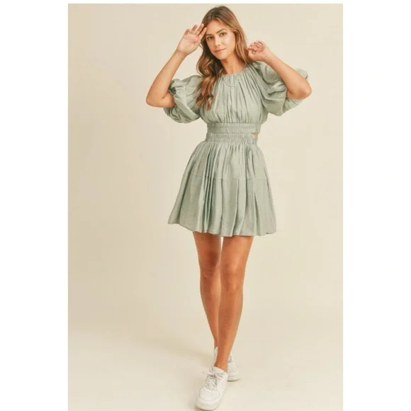 599 • Laurel Green Billows Puff Sleeve Smocked Waist Rayon Blend Mini Dress - Picture 5 of 5